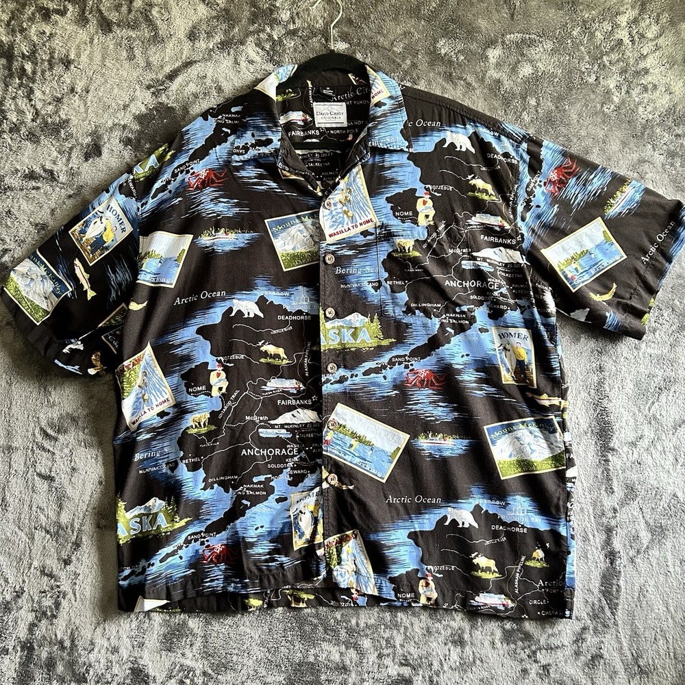 Alaska Hawaiian Shirt Mens 2X David Carey Map Print Novelty Button Up Camp
